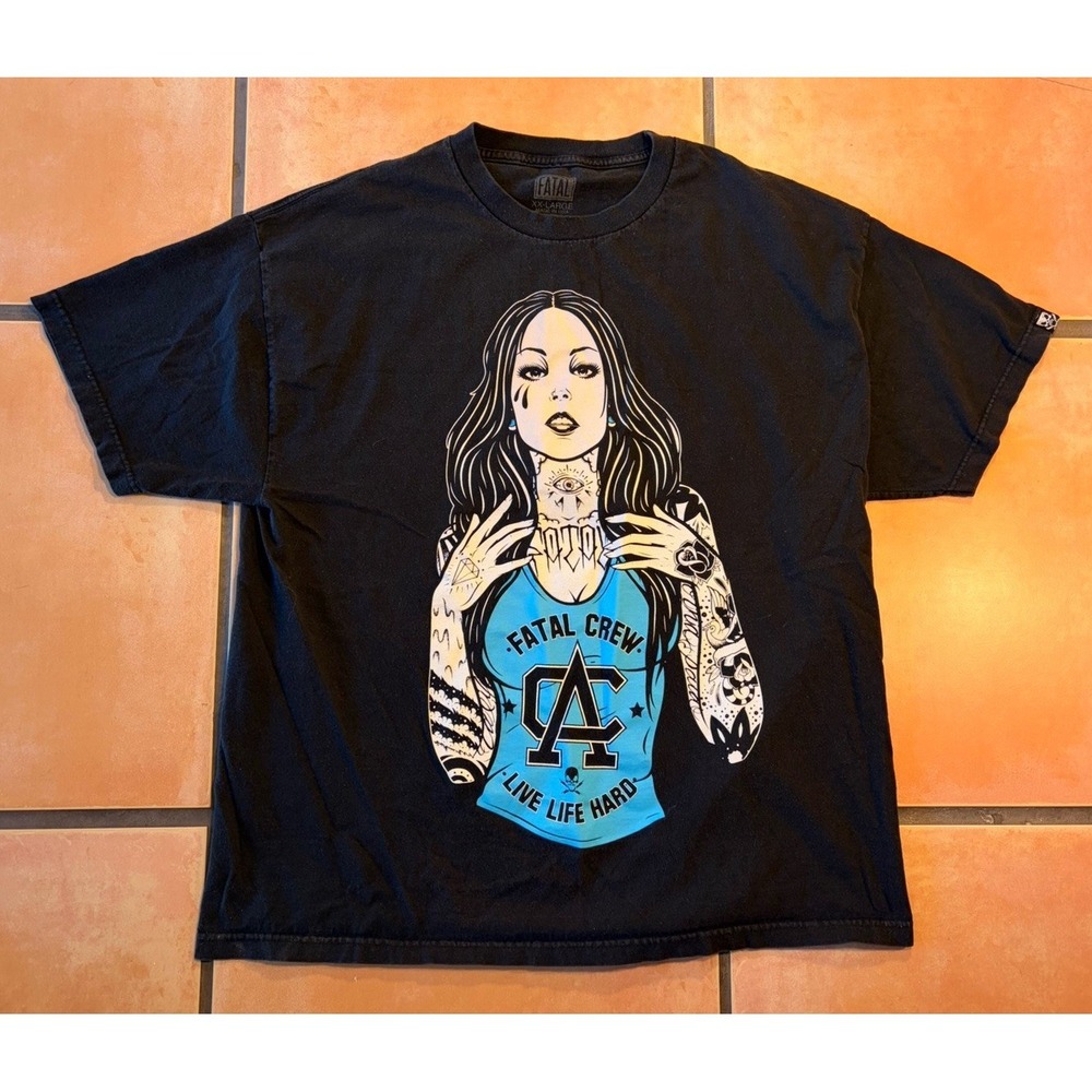 VTG 90s FATAL Crew Tattooed Girl Rockabilly Short Sleeve Black TShirt Size 2XL